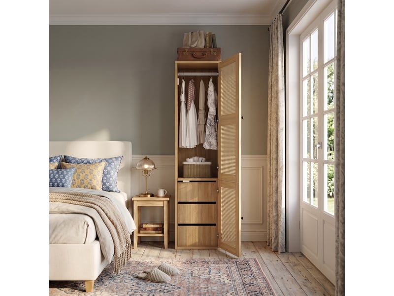 Armoire étroite de chambre 45 x 47 x 200 cm avec façade effet rotin, 3 tiroirs et porte battante, penderie, chêne - Conforama B
