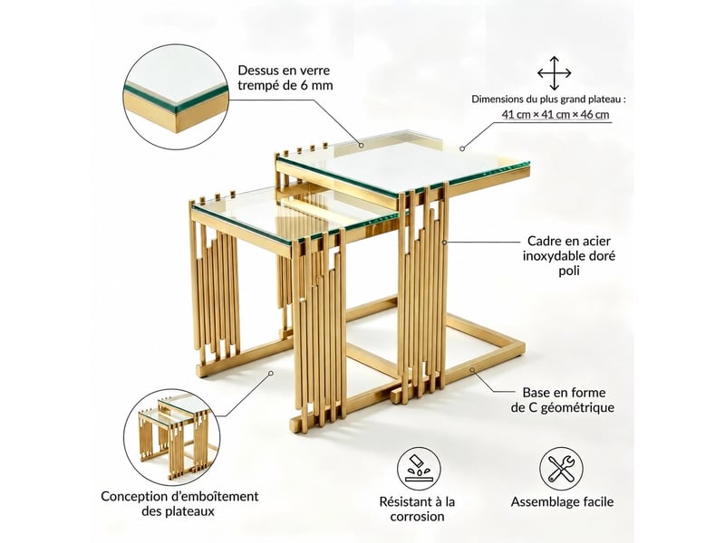 Table basse muvano lot de 2 tables d'appoint carrées avec plateau en verre trempé transparent et pieds dorés 41 x 41 cm - Conforama D