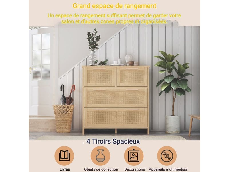 Commode 4 tiroirs en rotin naturel - poignées en bois massif - structure anti-bascule - charge 20kgtiroir - pour salonchambre naturel - Conforama C