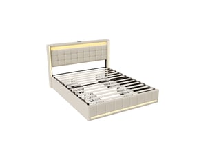 Dreammespace lit double queen size 160x200 cm avec 4 tiroirs et prises usb type-c cadre led sommier à lattes tissu lin beige
