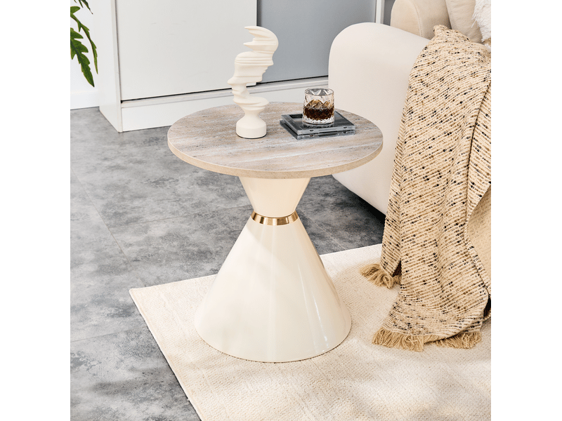  Tables basses gigognes avec 2 plateaux ronds et structure conique, finition pierre, en métal et mélamine, crème  - Conforama C