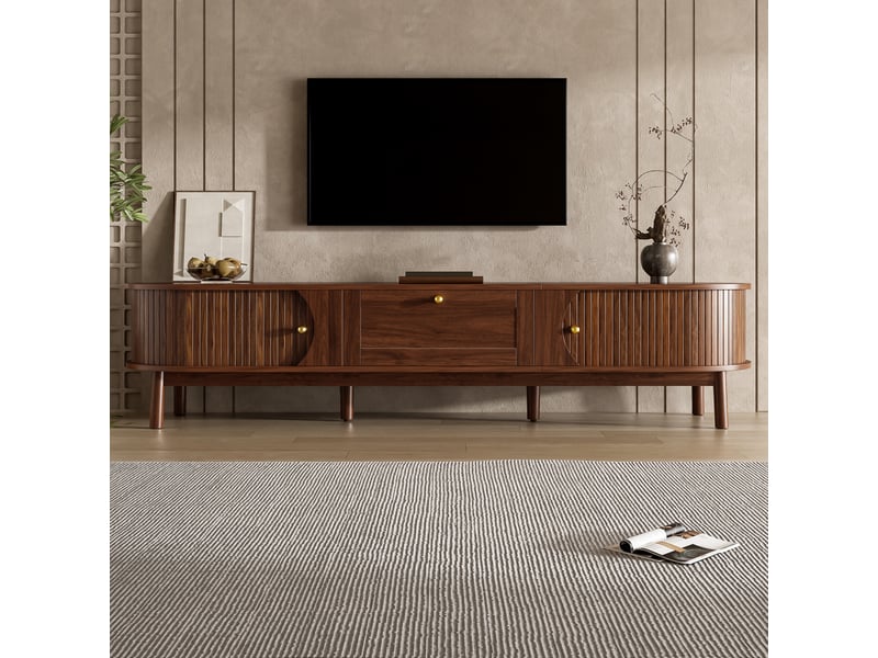  Meuble tv bois massif noyer 170 cm avec tiroirs et portes coulissantes, design moderne pour salon  - Conforama B
