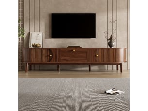 Meuble tv bois massif noyer 170 cm avec tiroirs et portes coulissantes, design moderne pour salon
