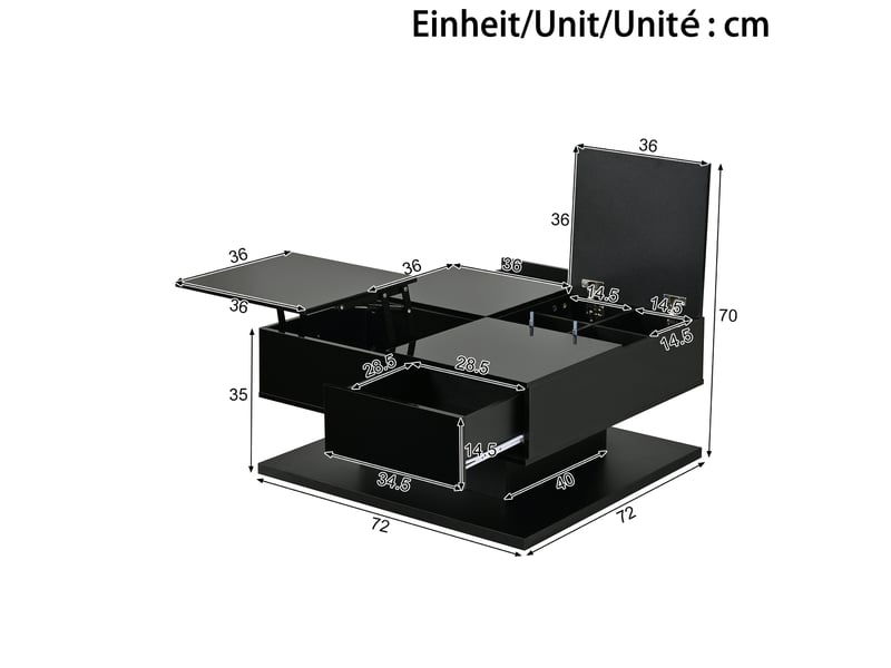  Table basse relevable avec rangement, 2 tiroirs et éclairage led contrôlé par application, noire  - Conforama C