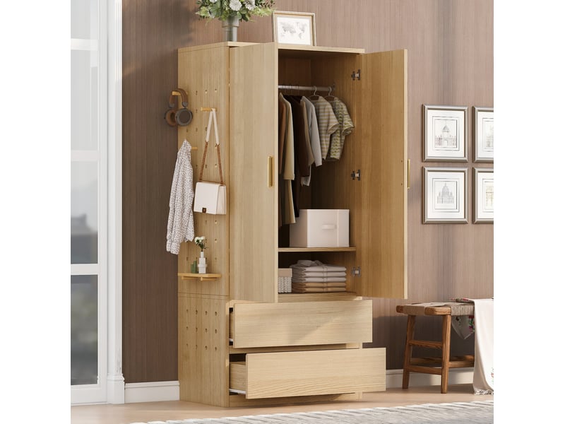  Armoire avec 2 tiroirs et rangements cachés, panneau perforé latéral pour chambre, bois clair, 70 × 50 × 170 cm  - Conforama C