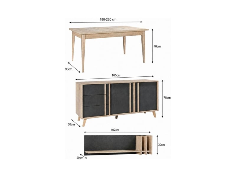 Salle à manger complète malmo avec table extensible 180-220 cm, buffet 165 cm et étagère murale – chêne clair et gris - Conforama C