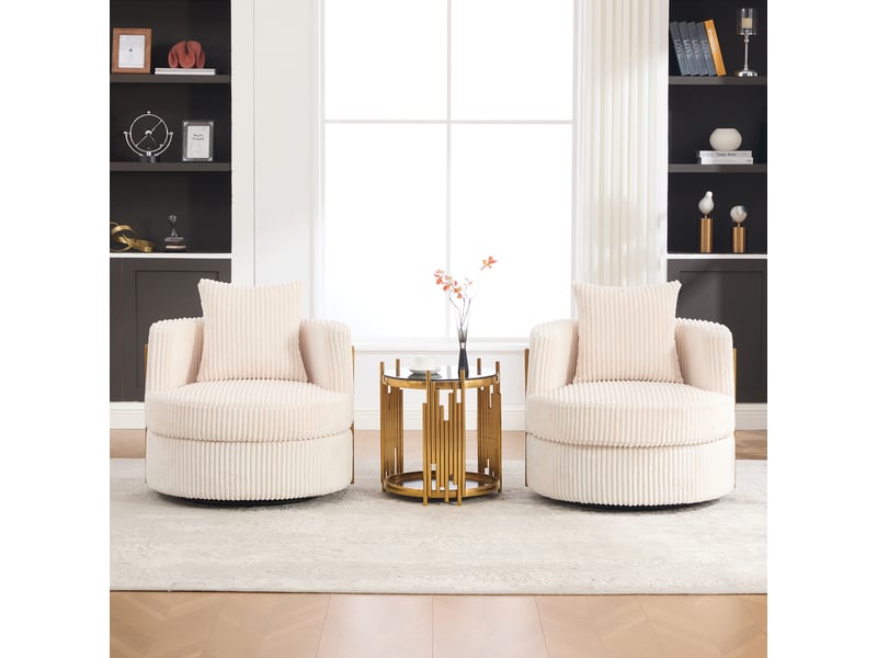  Lot de 2 fauteuils pivotants 360° en velours côtelé beige avec rangement  - Conforama B