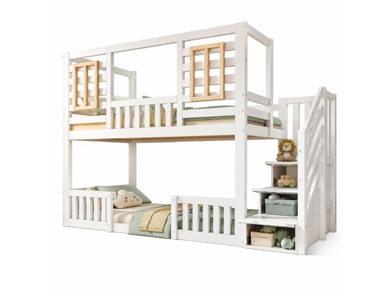  Lit superposé enfant 2 couchages 90x200 cm avec escalier de rangement, blanc  - Conforama A