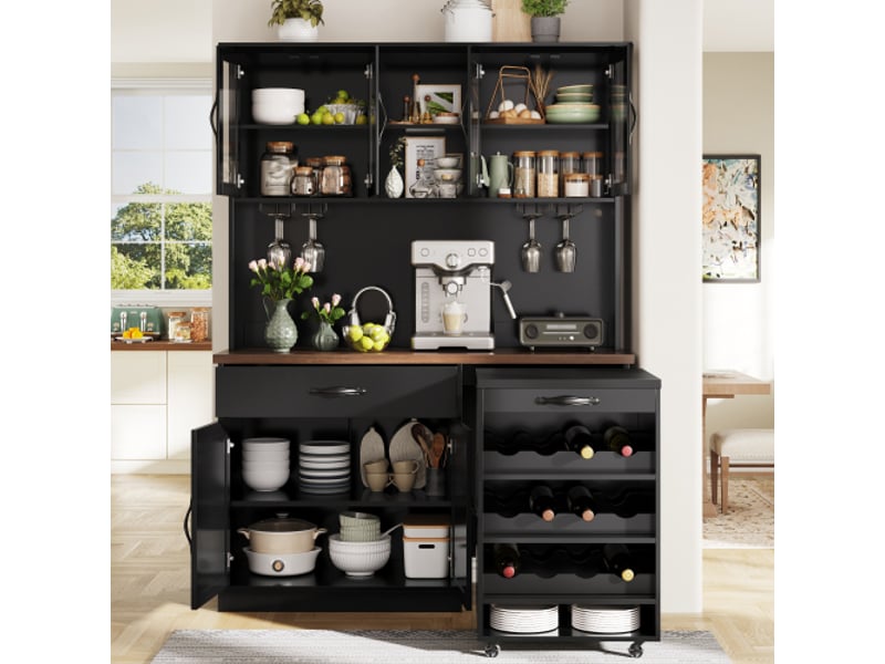  Meuble haut de cuisine 140 cm – chariot roulant et led – cellier: porte-verres et bouteilles – buffet lumineux  - Conforama D