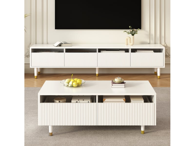  Ensemble meuble tv 178x35x45 cm et table basse 110x50x40 cm, led 7 couleurs, mdf et bois, blanc et doré  - Conforama E