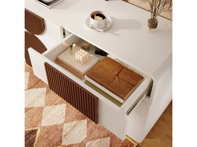  Commode à 6 tiroirs au design galbé, 121 x 71 x 41 cm, blanc, avec moulures en bois couleur chocolat, tiroirs coulissants silencieux  - Conforama E