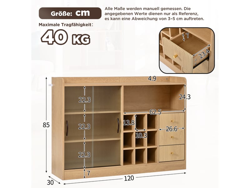  Buffet et enfilade avec 2 portes coulissantes vitrées, 3 tiroirs, casier à vin et led pour salle à manger 120×30×85 cm  - Conforama D