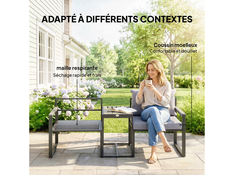  Salon de jardin 3 pièces 2 fauteuils et table d'appoint en acier gris  - Conforama E