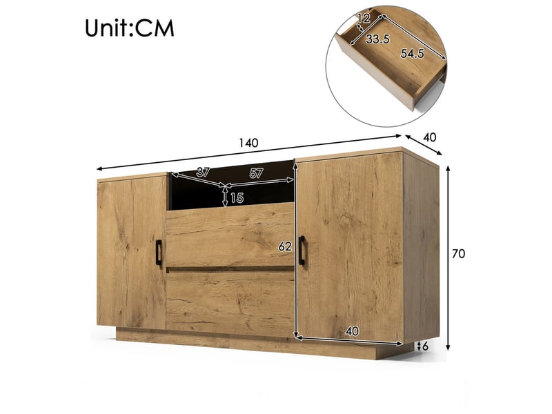  Commode à 2 tiroirs et 2 portes, 140 x 40 x 70 cm, niche ouverte et verre trempé teinté, effet chêne clair  - Conforama C
