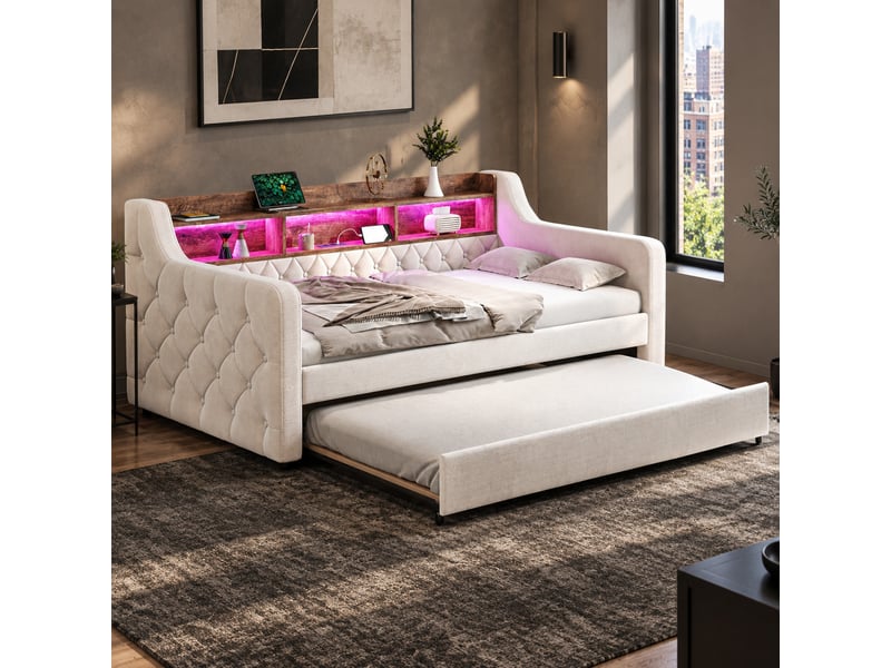  Lit gigogne 2 places en velours avec rangement, usb-c et led réglable, 90×190 cm, sans matelas, beige  - Conforama C