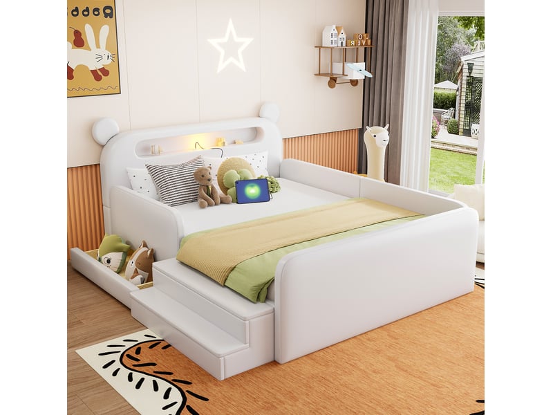 Lit enfant double 140 × 200 cm avec veilleuse, usb, rangements et barrières, sans matelas, en similicuir blanc - Conforama B