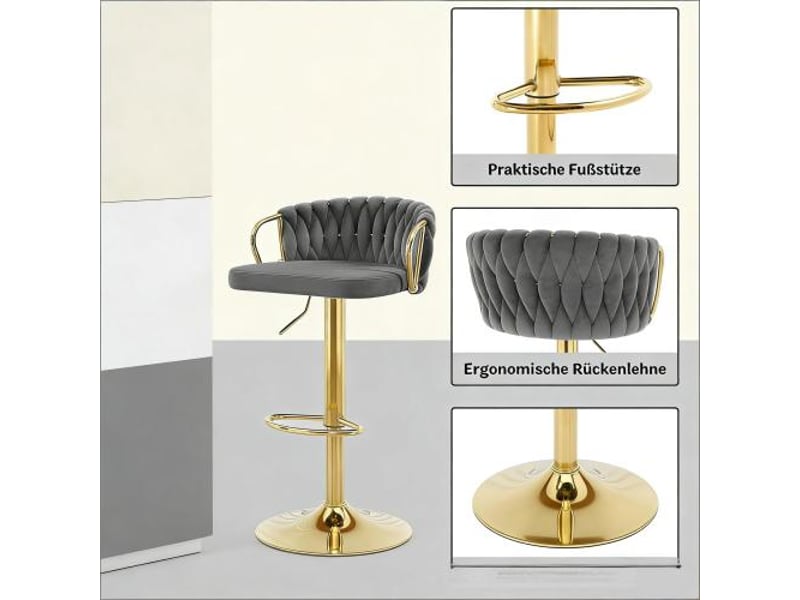  Lot de 2 tabourets de bar pivotants réglables avec dossier, accoudoirs et repose-pieds, en velours gris foncé  - Conforama E