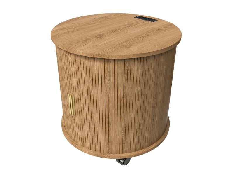 Table de chevet cylindrique mid-century avec station de charge, chêne, rangement mobile 60cm - Conforama D