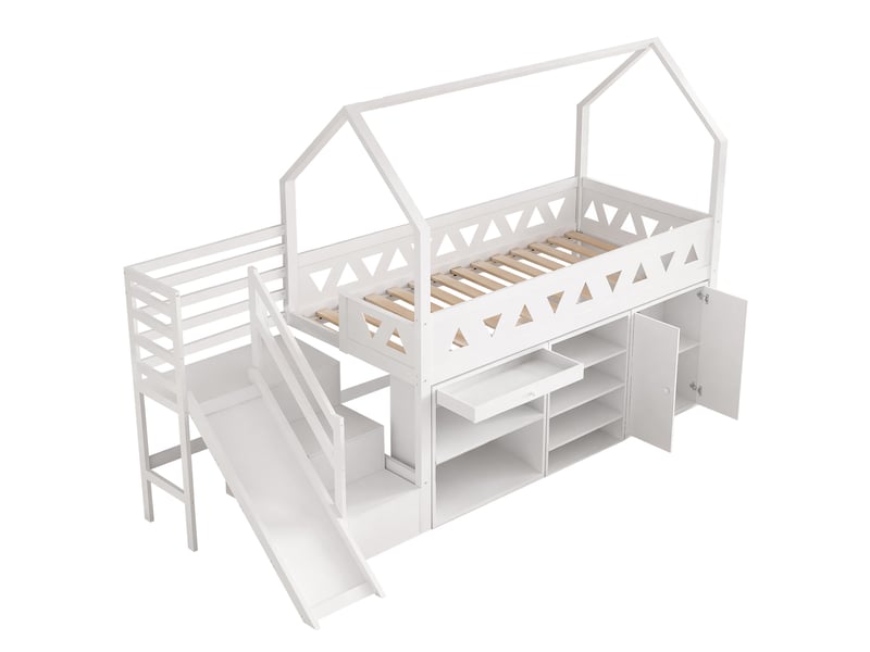  Lit enfant, lit simple, lit enfant multifonctionnel, avec toboggan et escalier, avec tiroirs et casier, sans matelas, bois massif, blanc, 90*200  - Conforama E