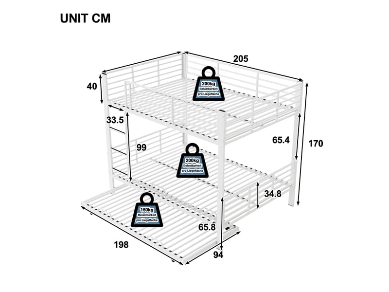  Lit superposé 3 places 140×200 cm avec lit gigogne - okmyhome- cadre en métal blanc mat, matelas non précisé  - Conforama D