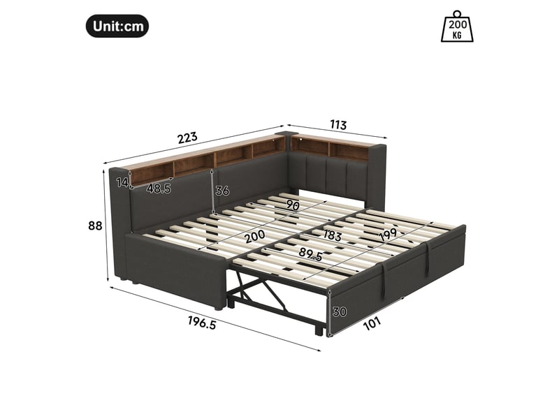 Canapé-lit 90 x 200 cm 180 x 200 cm – avec lit gigogne – avec éclairage led – revêtement en lin – gris (matelas non inclus) - Conforama C