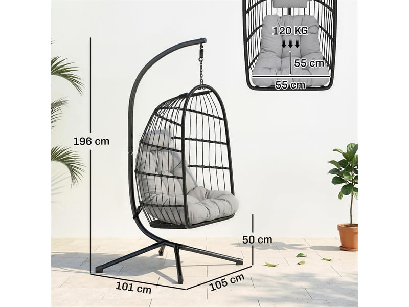 Fauteuil œuf suspendu pliable avec support coussin, 101x105x196cm gris - Conforama E
