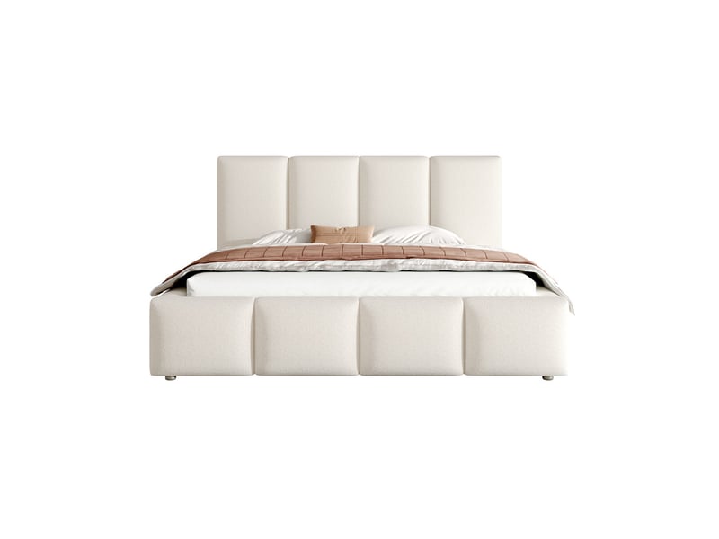  Lit double rembourré 180x200cm, mécanisme hydraulique, sommier lattes, tête de lit et grand rangement, blanc bouclé  - Conforama A