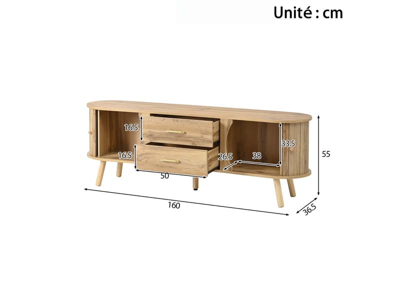 Meuble tv en forme de pois aspect rainure verticale, 2 portes coulissantes + 2 tiroirs, matériau mdf, naturel  - Conforama C