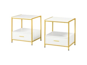 Ensemble de 2 tables de chevet élégantes et modernes avec tiroir et étagère ouverte, 50 x 40 x 55 cm, blanc et or
