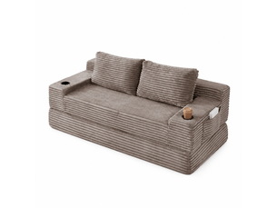 Canapé-lit convertible 2-en-1 en velours côtelé, avec 2 coussins, porte-gobelets intégrés et poches de rangement latérales - marron