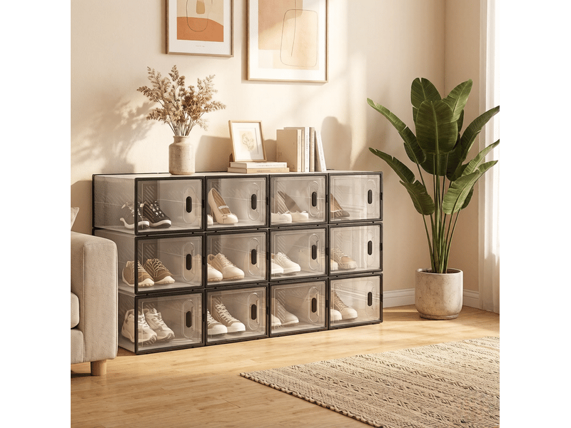  Meuble à chaussures modulaire avec 12 boîtes empilables transparentes à ouverture frontale pour chambre, noir  - Conforama D