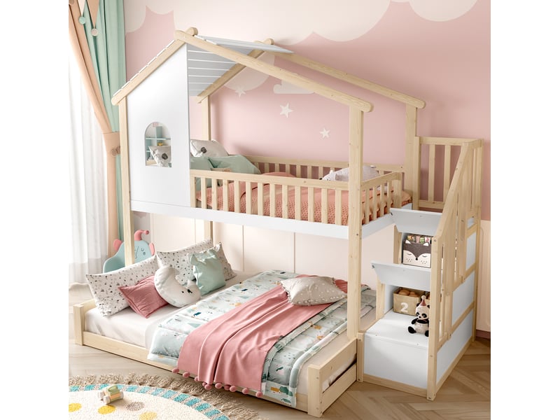Lit superposé enfant 90x200 et 140x200 cm avec escalier de rangement, naturel blanc - Conforama B