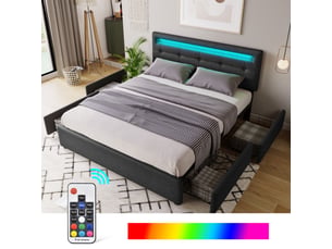 Lit double 140 x 200 cm avec 4 tiroirs grande capacité, tête de lit réglable, éclairage led, sommier à lattes, tissu effet lin, noir
