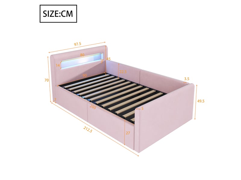  Lit coffre enfant 200×90 cm avec rangement hydraulique, éclairage led et port usb, en velours rose  - Conforama D