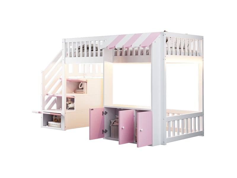 Lit superposé 90 x 200 cm armoire intégrée escalier de rangement éclairage led multicolore design toit en bois rose - Conforama E