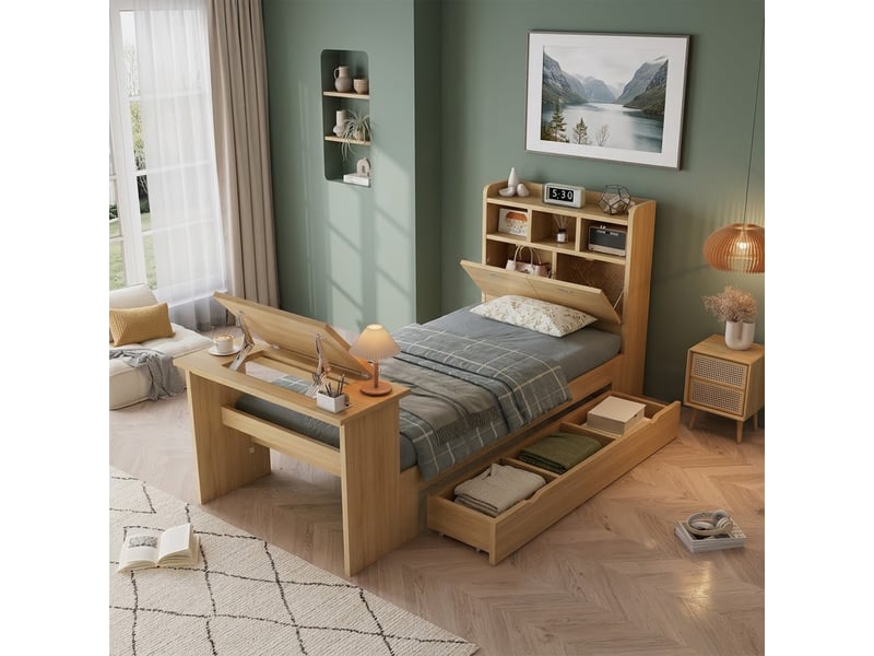  Lit simple 90x200 cm, lit enfant, tiroirs, étagères, bois naturel  - Conforama W