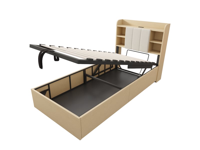  Lit en bois 90 x 200 cm, lit hydraulique, tête de lit avec espace de rangement, équipé de prises usb et tape-c, lit simple, lit enfant, couleur bois (sans matelas)  - Conforama D