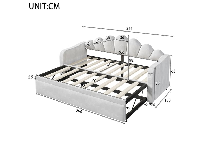 Lit tiroir gigogne 90x200 cm, velours gris, led 7 couleurs, 2 positions, sans matelas - Conforama C