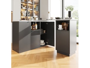 Meuble bar pivotant avec rangements ouverts et fermés, plateau effet marbre, pour cuisine et salon, en mdf noir