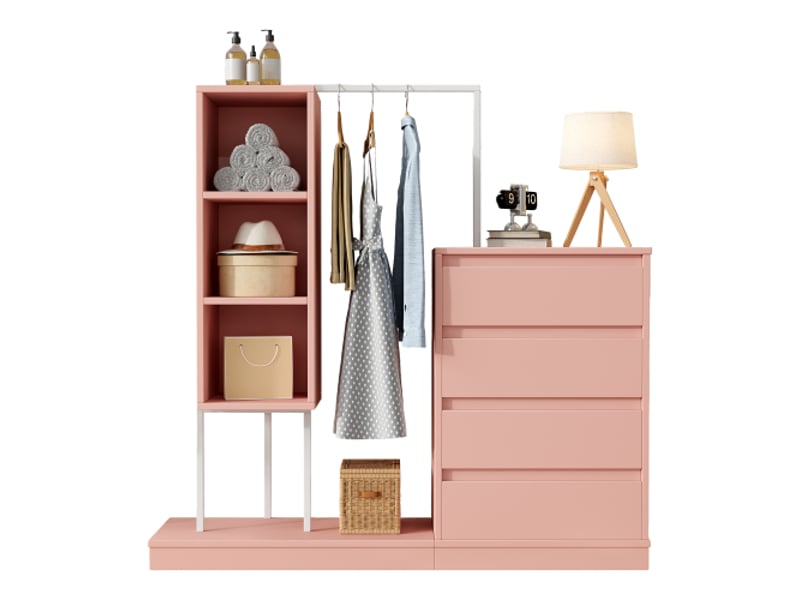  Armoire à tiroirs, ensemble d'armoire, armoire blanche, buffet, tringle à vêtements. Dimensions : l140 × l40 × h135, rose.  - Conforama A