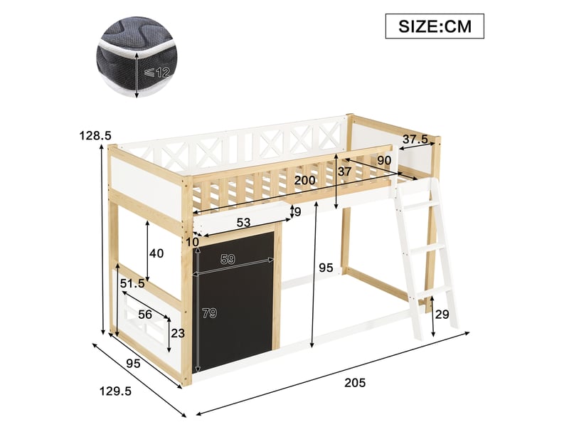  Lit mezzanine enfant 90x200 cm avec tableau à craie, boîte de rangement, structure mdf, blanc naturel, sans matelas  - Conforama C
