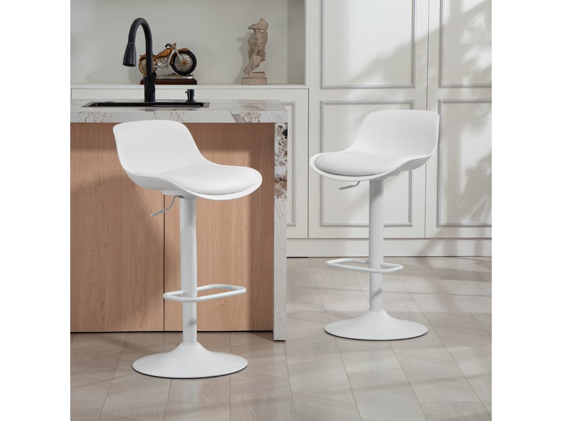  Ensemble de 2 tabourets de bar avec dossier, hauteur réglable, assise pivotante en similicuir et repose-pieds, blanc  - Conforama D