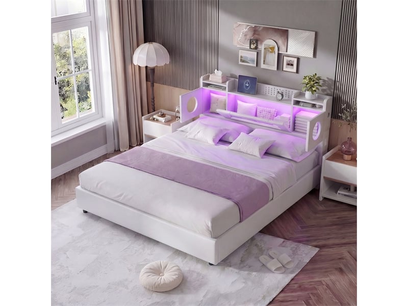  Lit 160x200cm - lit coffre 160x200cm - sommier relevable, tête de lit à rangement, led rgb, ports usbtype-c et prise eu - blanc  - Conforama D
