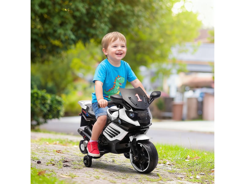 Moto électrique 6v pour enfants avec stabilisateurs, musique et phare, pour enfants de 45 à 90 cm (18 à 36 pouces), blanche - Conforama C