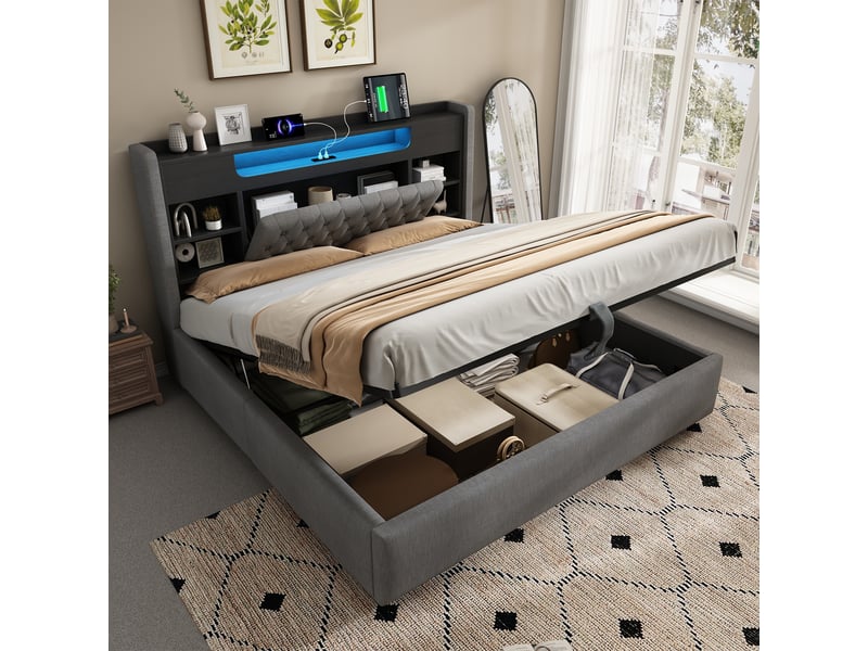  Lit coffre 140x190 cm, lit double, rangement hydraulique, étagères, led, lin gris, usb et usb-c  - Conforama A