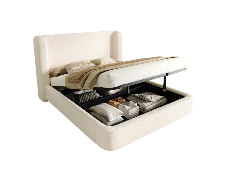  Lit coffre 140x190 cm, lit double en bouclette beige avec sommier, sans matelas  - Conforama A