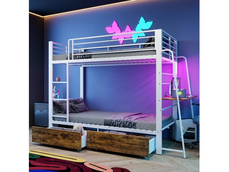  Lit superposé 90 × 200 cm 2 places avec tiroirs, sans matelas, métal et mdf, noir et noyer ou blanc mat  - Conforama C