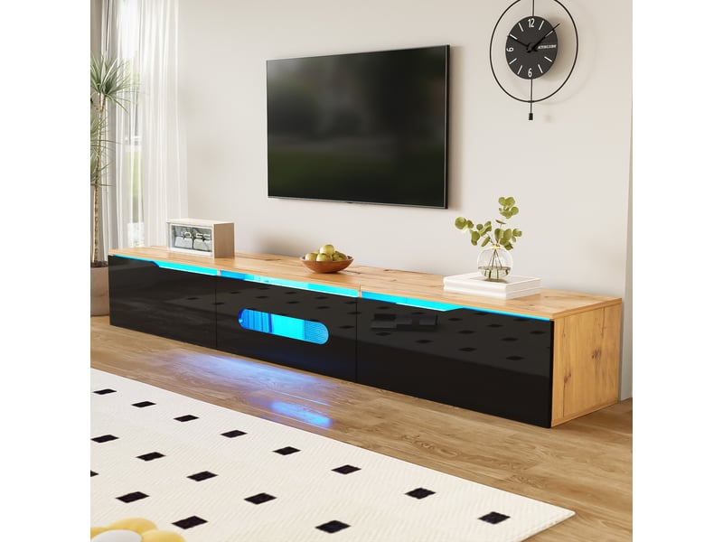  Meuble tv 180 cm noir et bois, led 16 couleurs, 3 portes, mural ou au sol  - Conforama E