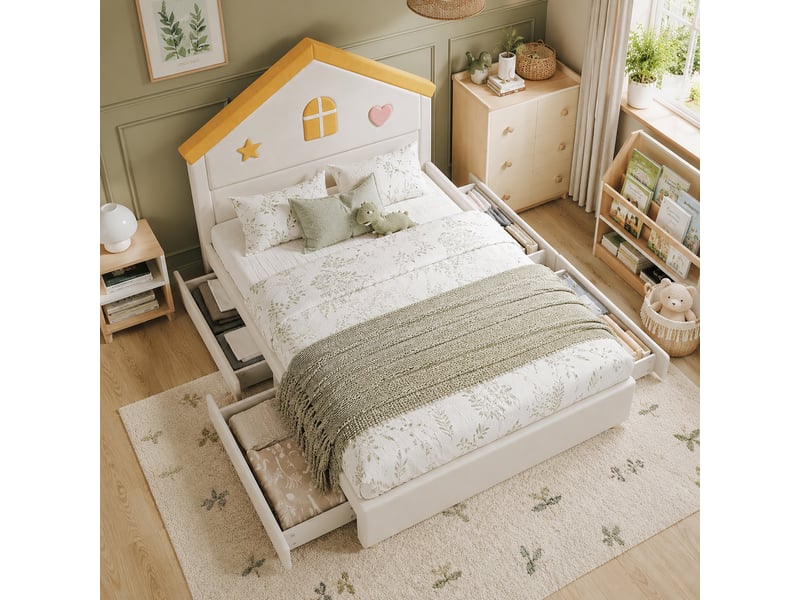  Lit 140x200 cm - lit enfant 140x200 - lit double rembourré velours avec tête de lit maisonnette et 4 tiroirs - beige  - Conforama D