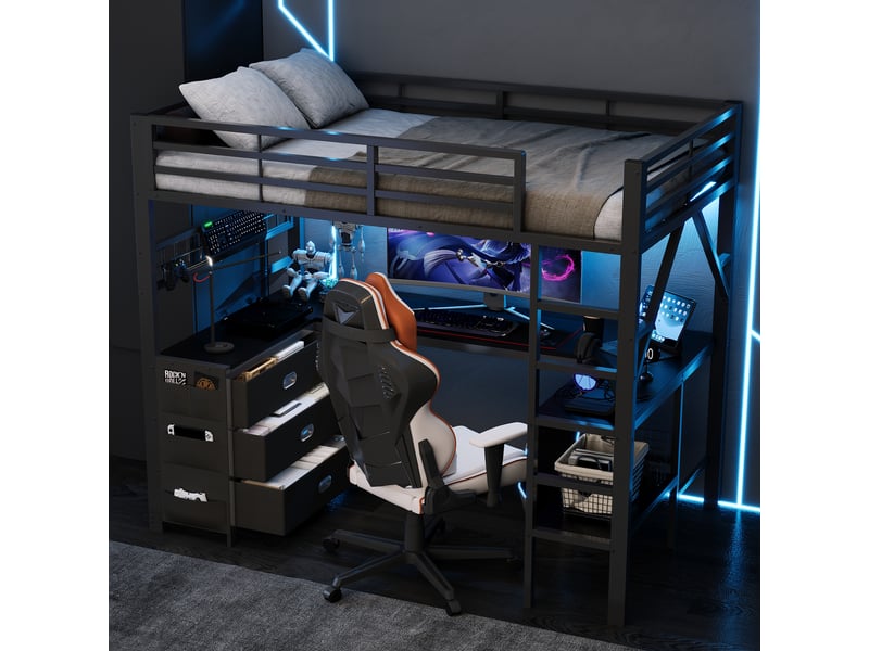  Lit mezzanine gaming en métal 90x200 cm, tiroirs, bureau, étagère, éclairage led, noir  - Conforama B